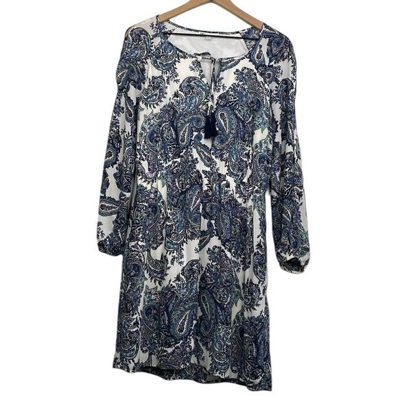 DR2 Shift Dress Paisley Print front tussles split sleeves size Medium - Picture 1 of 16